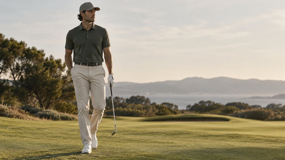 Golfer walking on a course in a dark polo and light trousers.