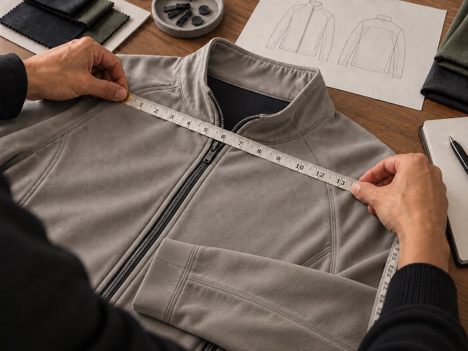 Hands holding a measuring tape across a grey quarter-zip garment.