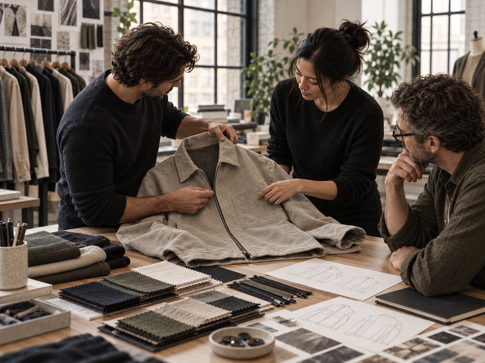 People reviewing a light zip-front jacket at a table.