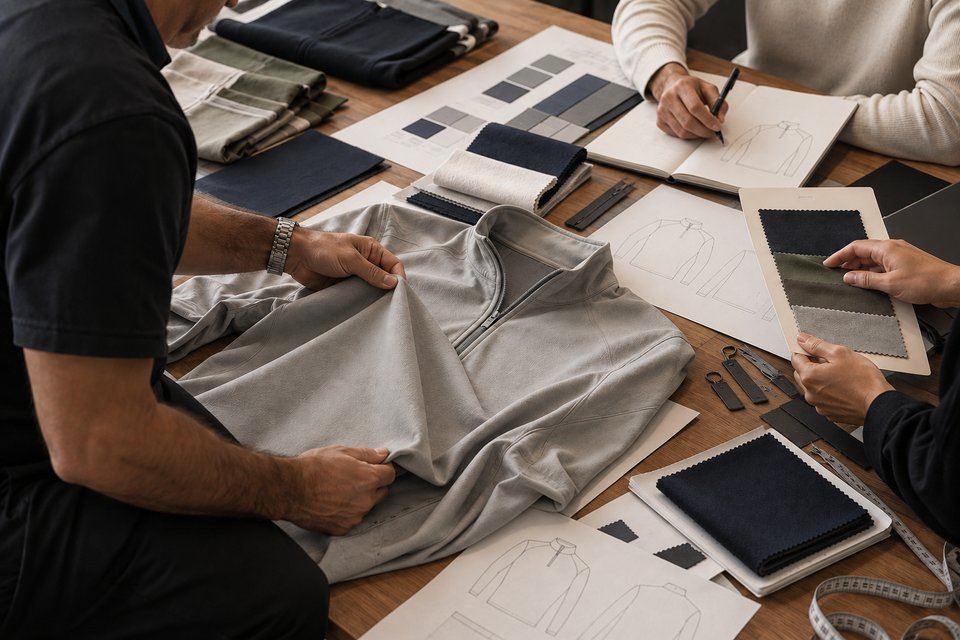 Hands reviewing a grey quarter-zip garment beside fabric swatches and garment sketches.